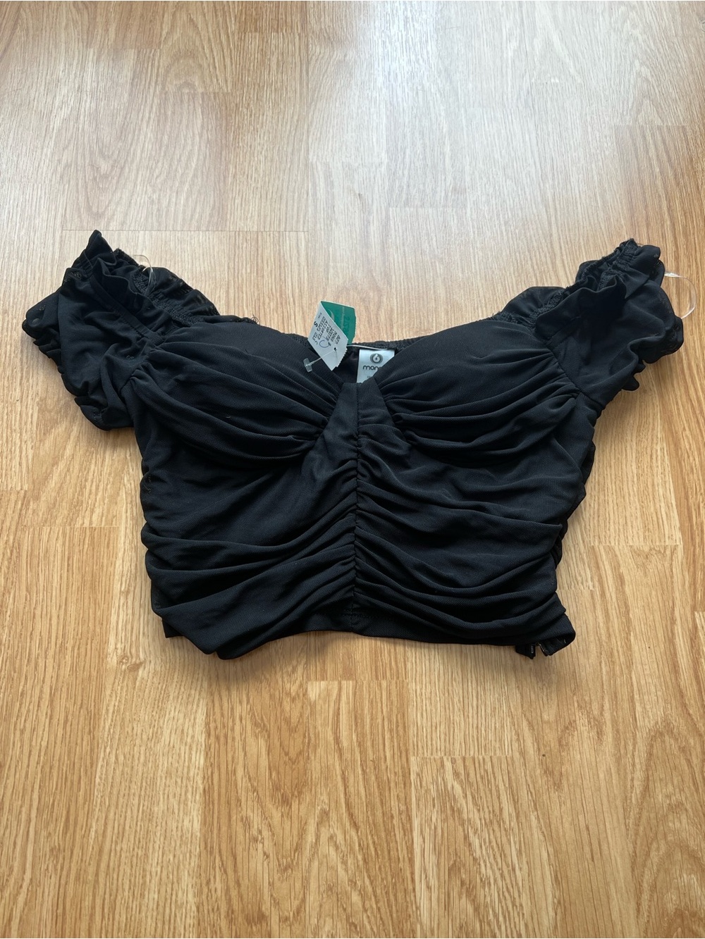 Mono B Black Ruched Off-Shoulder Crop Top